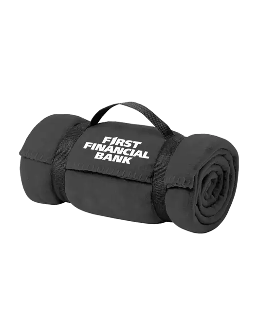 Casual Midnight Heather Fleece Blanket With Strap w/First Financial Bank Logo