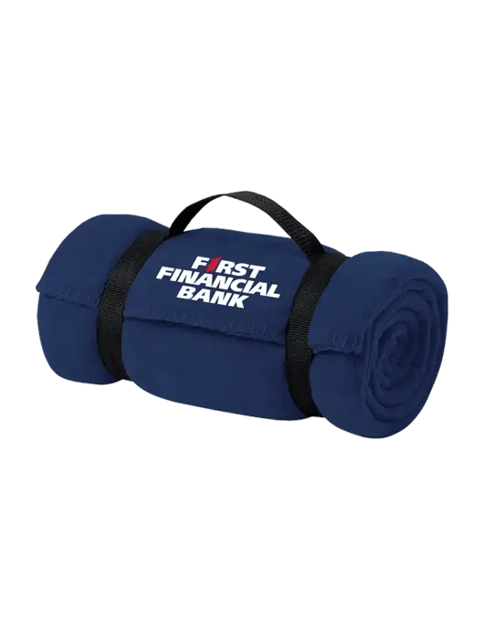 Casual Navy Fleece Blanket With Strap  w/First Financial Bank Logo
