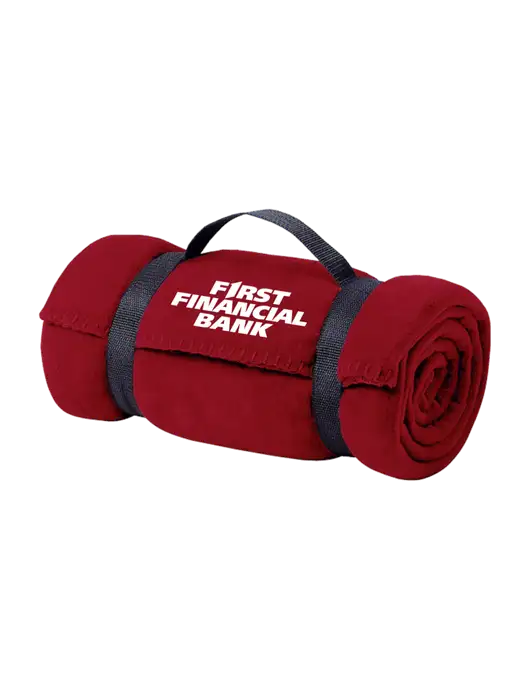 Casual Red Fleece Blanket With Strap w/First Financial Bank Logo