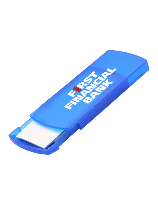 Slide Right Blue Bandage Dispenser w/First Financial Bank Logo