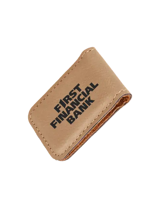 Tan Leatherette Money Clip w/First Financial Bank Logo