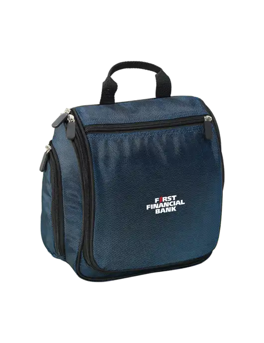 Hanging Dark Steel Blue Toiletry Kit w/First Financial Bank Logo