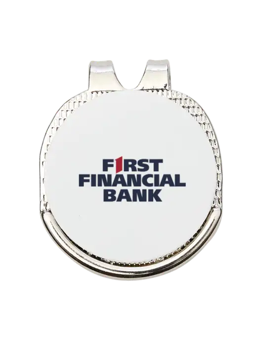 Antique Silver Hat Clip w/Golf Ball Marker w/First Financial Bank Logo