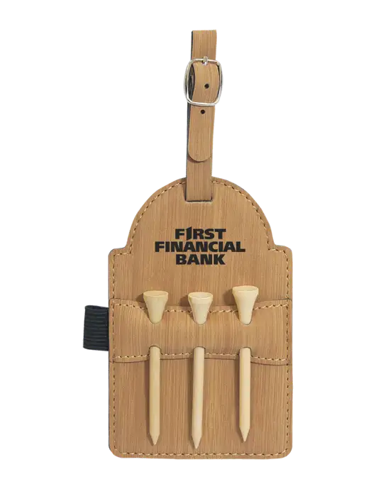 Bamboo Leatherette Golf Bag Tag with 3 Wooden Tees w/First Financial Bank Logo