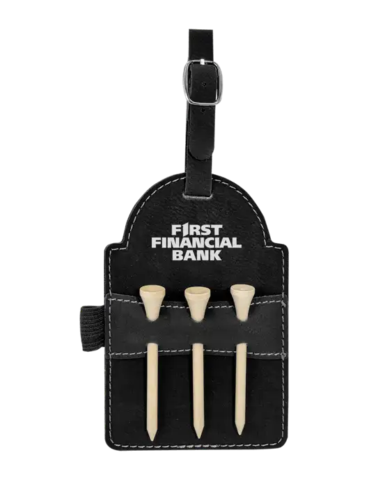 Black Leatherette Golf Bag Tag with 3 Wooden Tees w/First Financial Bank Logo