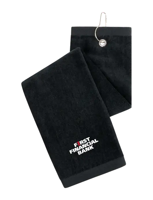Black Tri-Fold Golf Towel with Grommet w/First Financial Bank Logo