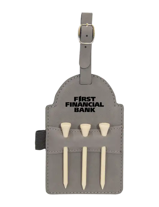 Grey Leatherette Golf Bag Tag with 3 Wooden Tees w/First Financial Bank Logo
