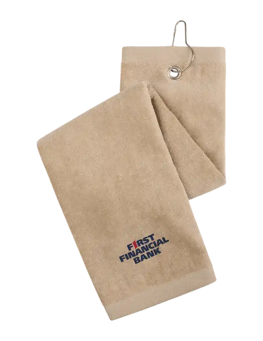 Khaki Tri-Fold Golf Towel with Grommet w/First Financial Bank Logo