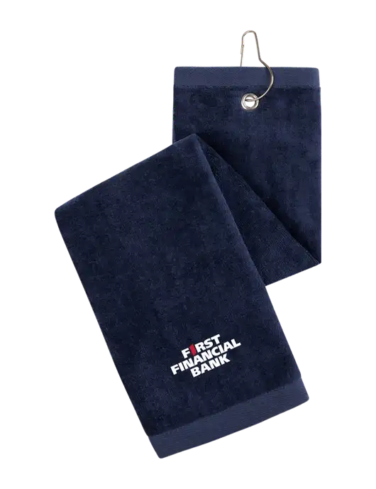 Navy Tri-Fold Golf Towel with Grommet w/First Financial Bank Logo