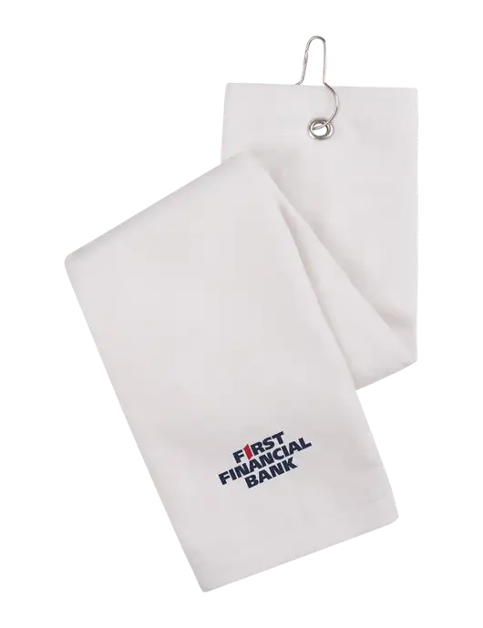 White Tri-Fold Golf Towel with Grommet w/First Financial Bank Logo