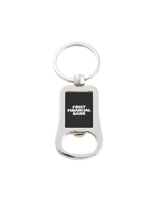 Silver & Black Bottle Opener Keychain w/First Financial Bank Logo