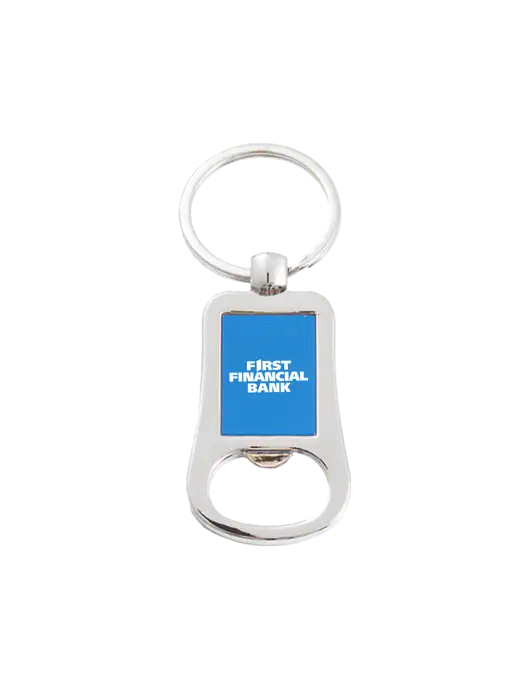 Silver & Blue Bottle Opener Keychain w/First Financial Bank Logo