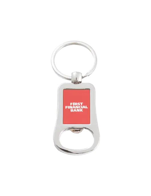 Silver & Red Bottle Opener Keychain w/First Financial Bank Logo